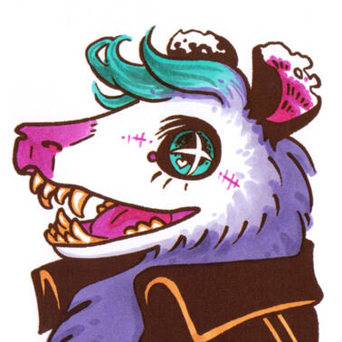 a portrait of a purple possum with green hair and a pink facial scar